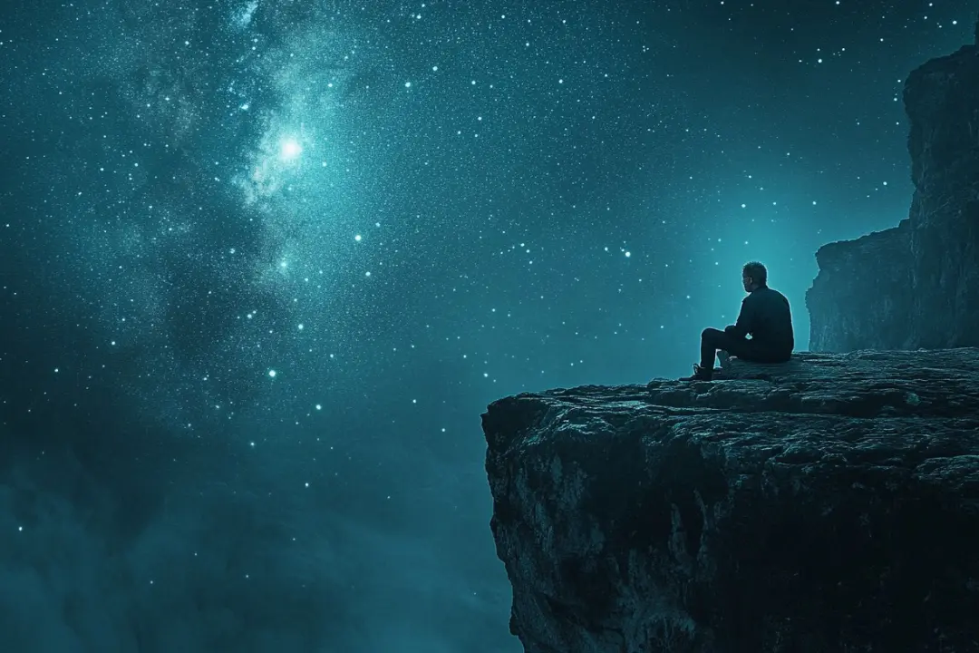 An image representing Sadhuwani's blog 'Lonely Gods and 3 AM Thoughts,' showing a person staring at the night sky, lost in deep reflection about existence and purpose