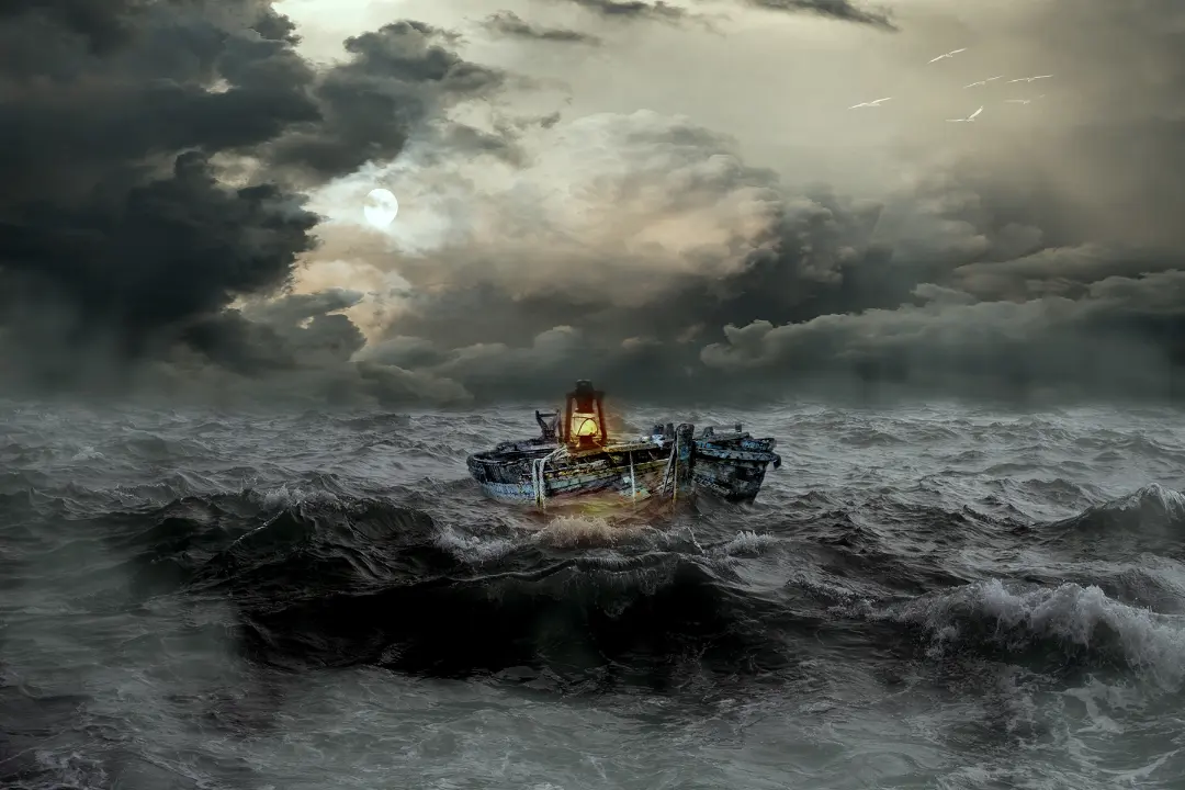 An image representing Sadhuwani's blog 'Battling My Own Mind,' featuring a stormy sky with dark clouds looming over a calm, reflective sea, symbolizing inner turmoil, self-doubt, and the search for clarity amidst chaos.