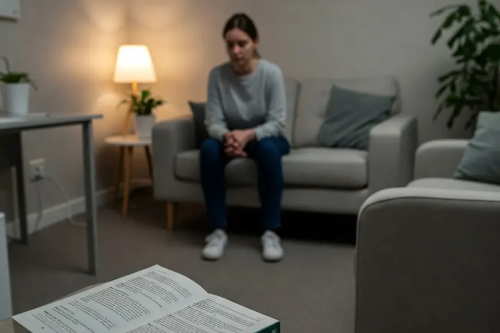 A woman sits thoughtfully on a therapy couch in a warm-lit room, while a psychology book rests open on the psychologist's chair, symbolizing self-therapy.