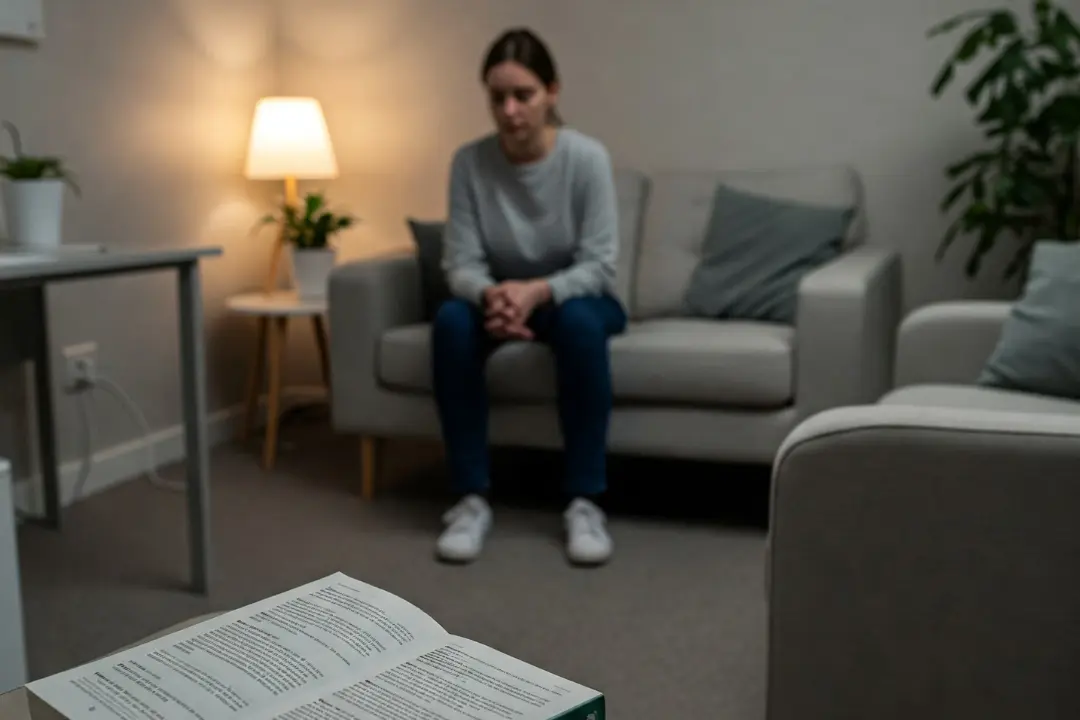 A woman sits thoughtfully on a therapy couch in a warm-lit room, while a psychology book rests open on the psychologist's chair, symbolizing self-therapy.
