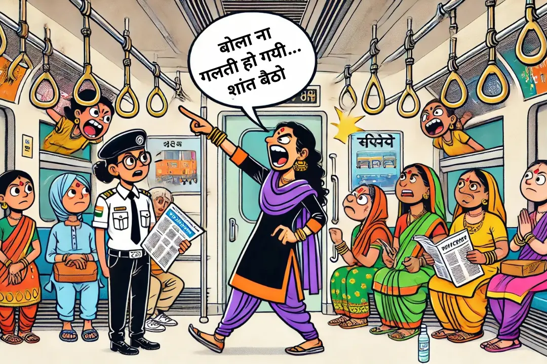 Cartoon of women arguing inside a Mumbai local train with a TC observing — featured in Sadhuwani's humorous blog
