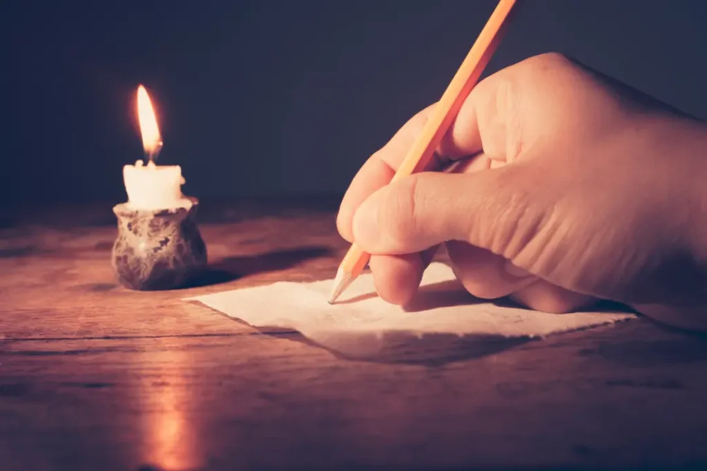 A hand writing by candlelight, symbolizing discipline, commitment, and late-night creativity