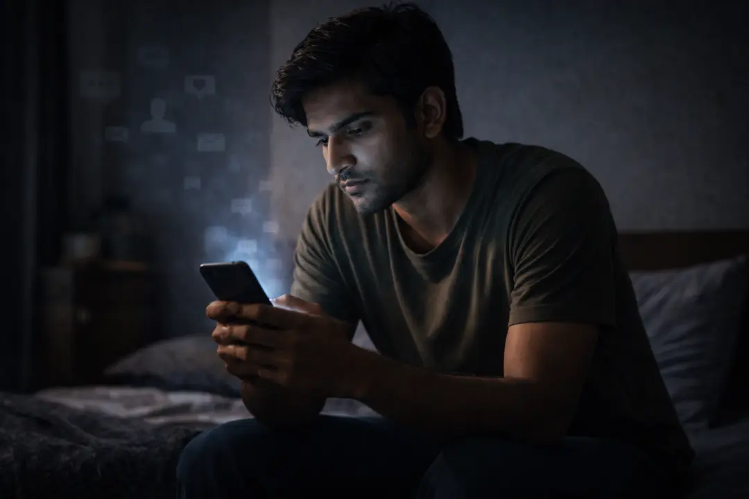 A young man sitting alone in a dimly lit room, looking at his phone as the screen light reflects on his face, appearing thoughtful and disconnected.